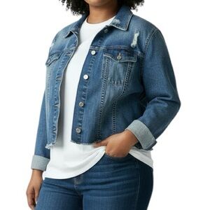 EVRI Medium Wash Distressed Denim Jacket Size 2X